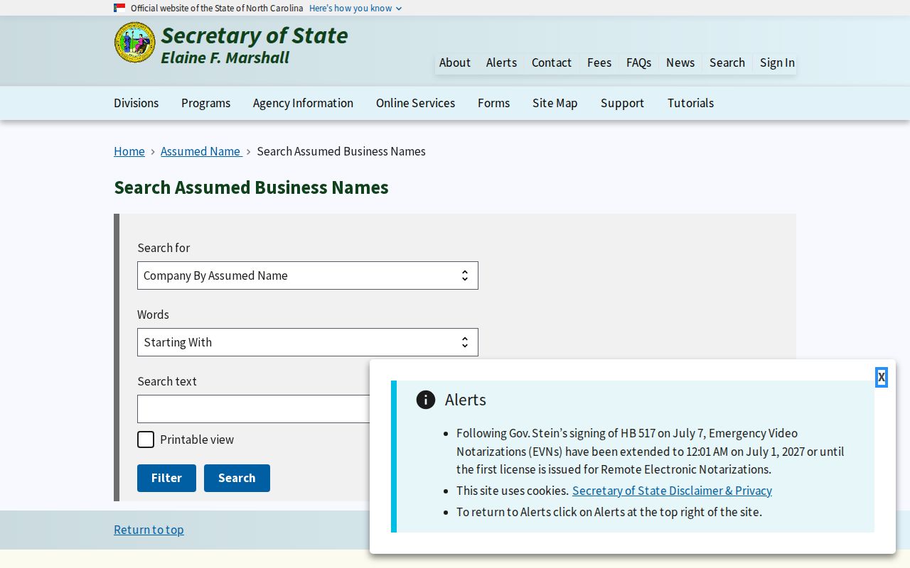 Johnston County people directories source showing assumed-name filters and county selection