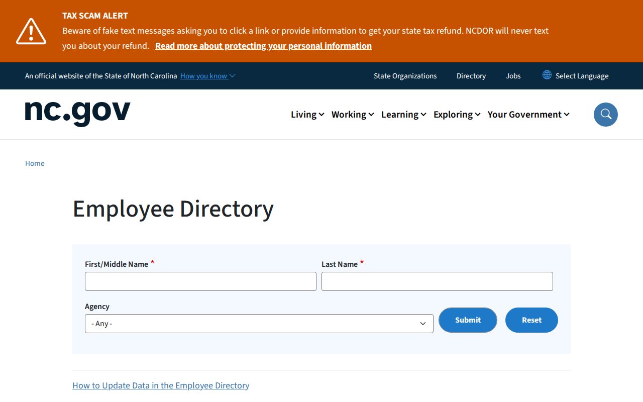 Johnston County people directories source showing NC employee name and agency filters